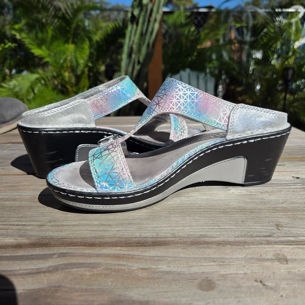 Alegria LAR620 Lara Pretty Baby Rainbow Silver Leather Sandals‎ Women 6-6.5 36